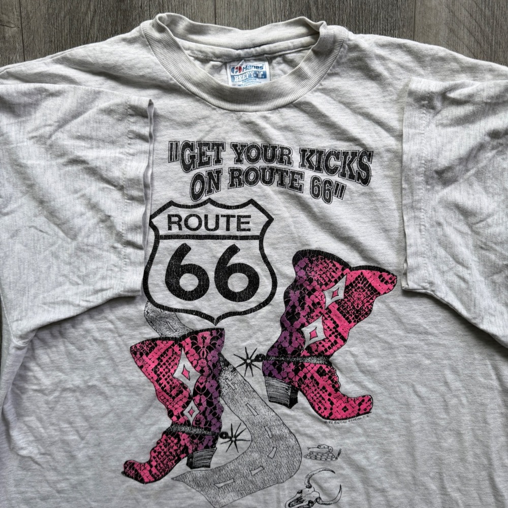 Vintage 1992 Route 66 T-Shirt XL Get Your Kicks Cowboy Boots Hanes USA Gray